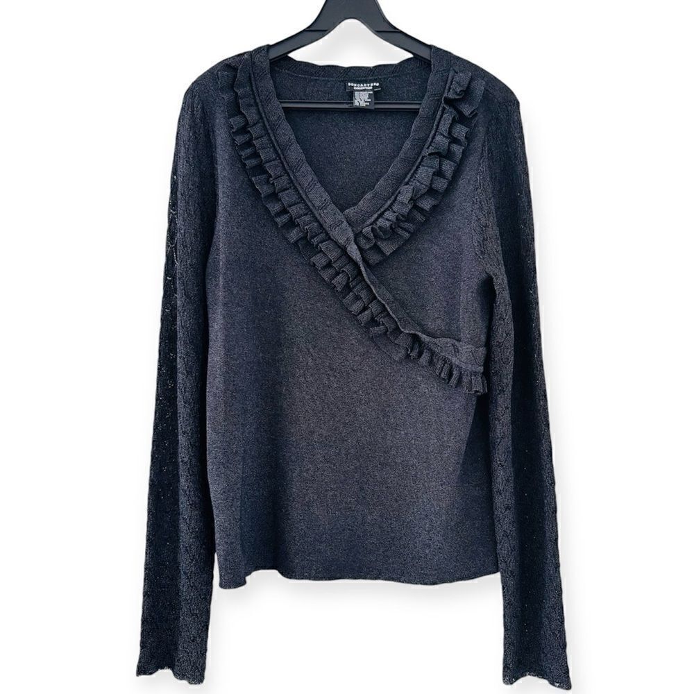 Doncaster Black Ruffle Front V-Neck Metallic Crochet Sleeve Sweater Size XL